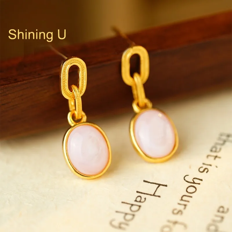 

Серьги-подвески Shining U из стерлингового серебра 925 пробы с розовой ракушкой, овальные, для женщин, изысканные ювелирные изделия, весна