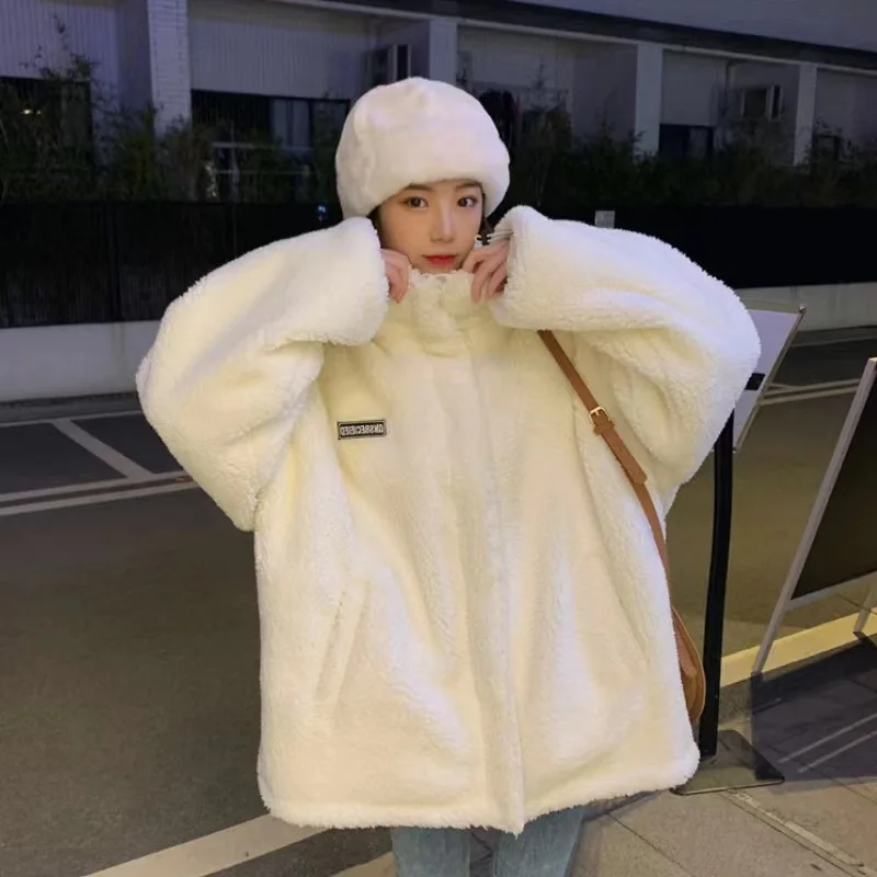 Autumn Winter Women\'s Jacket Lamb Fleece Plush Oversize Loose Couple Warm Plush Hooded Ropa Mujer Sudaderas Y2k Coat Jackets