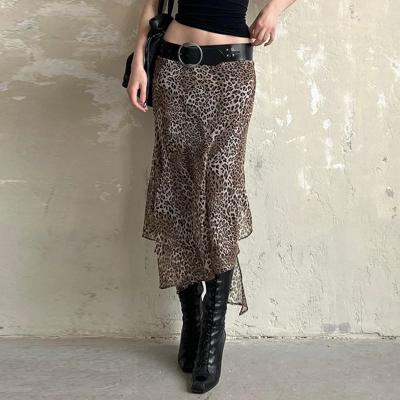 Holiday Leopard Prnted Mesh Skirts Beach Style Casual Mid-waisted Maxi Skirts Women 2025 Summer Fashion Streetwear Lady
