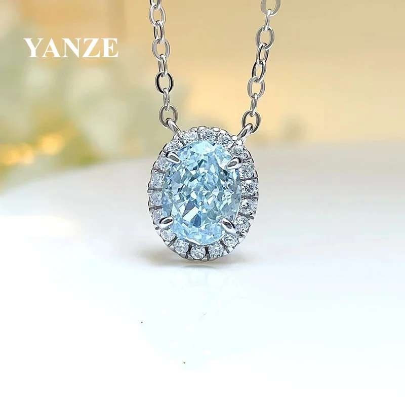 2CT 925 Sterling Silver Lab Grown Aquamarine Necklace Chain Blue Diamonds Vintage Necklace For Women Fine Jewelry