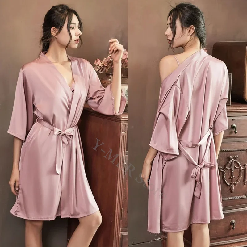 Bata kimono de satén para dormir para mujer, ropa de lencería íntima femenina, nupcial, de seda, estilo camisón y albornoz, casual y sexy