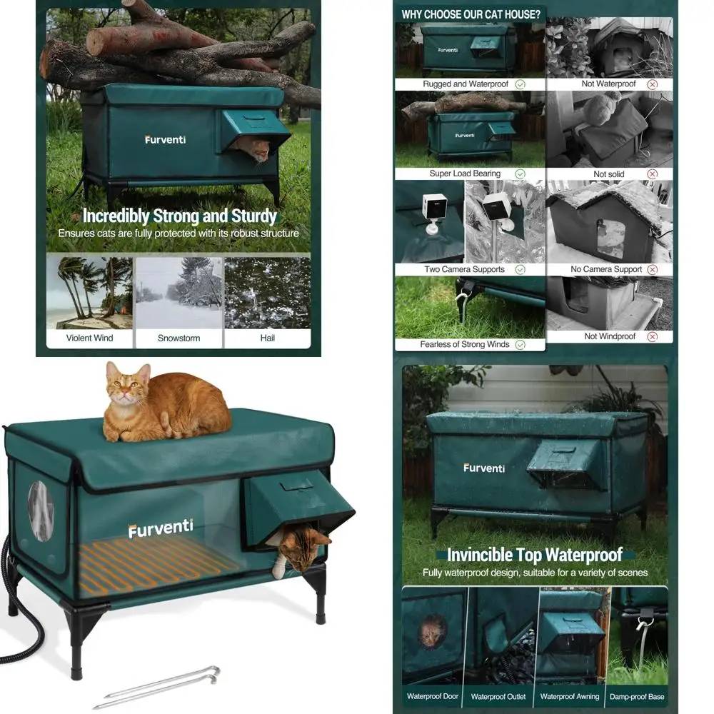 

Зимняя утепленная уличная будка для кошек, водонепроницаемая и приподнятая, XL, темно-зеленая, для бездомных кошек