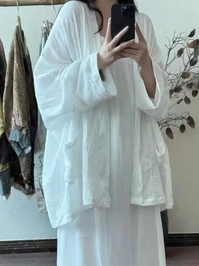 Healing Zen Style Women's Cotton Linen Hanfu Outerwear V-Neck Loose Fit Thin Spring Season Regular Length Dream Ensemble