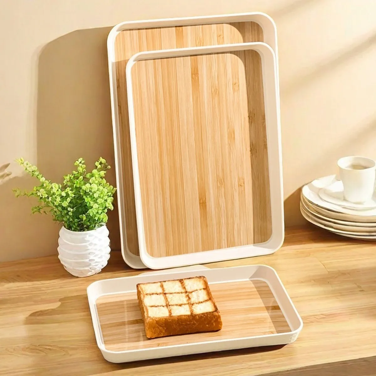 Rectangular Food Serving Tray Wood Grain Plastic Storage Tray Kitchen Living Room Multi-functional Stackable Dessert Fruit Tray