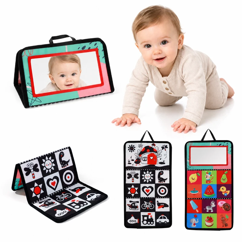 Soft Baby Book Mushroom Foldable Tummy Time Sensory Cloth Book with Mirror Early Learning Toy for Newborns 0 to 3 Years view 3