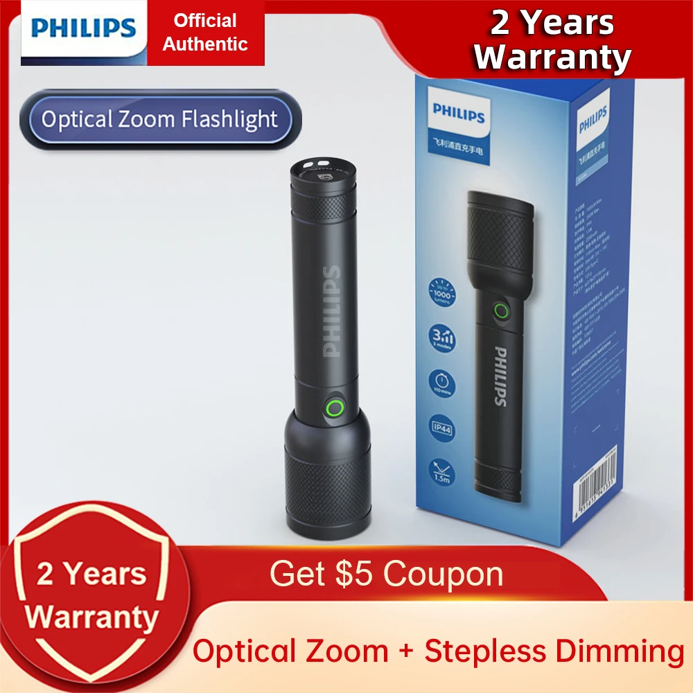 Philips Zoom Flashlight Stepless Dimming High Power Rechargeable Led Flashlight with 18650 Battery for Camping Self Defense