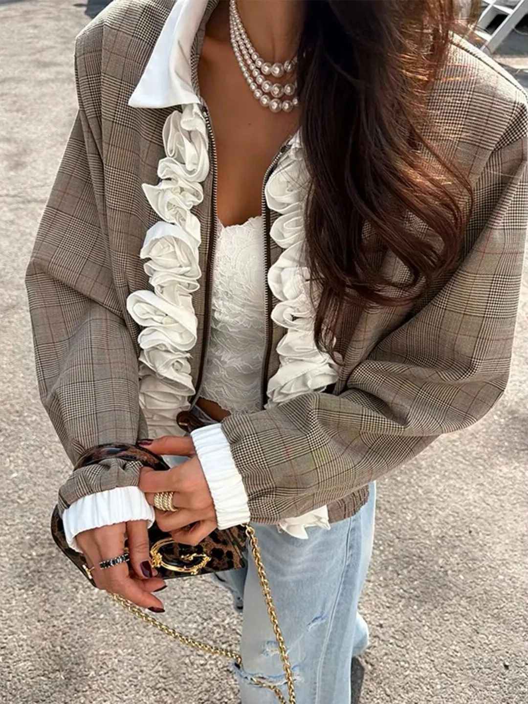 Retro Korean Floral Decorated Plaid Short Jacket Women's Autumn Design Unique Coat Top Color Block Spring Winter Outerwear