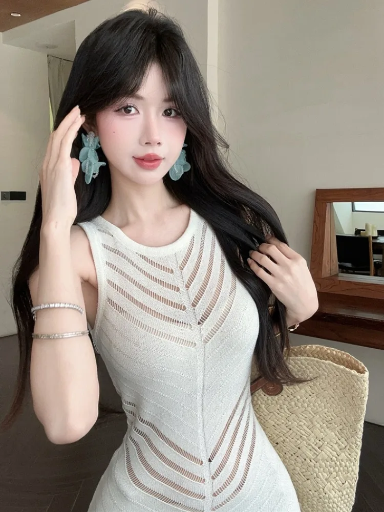 

Sexy round Neck Sleeveless Long Knitted Wrap Dress Hollow out Design Summer New Style Slimming Women's Casual High Waist Gown