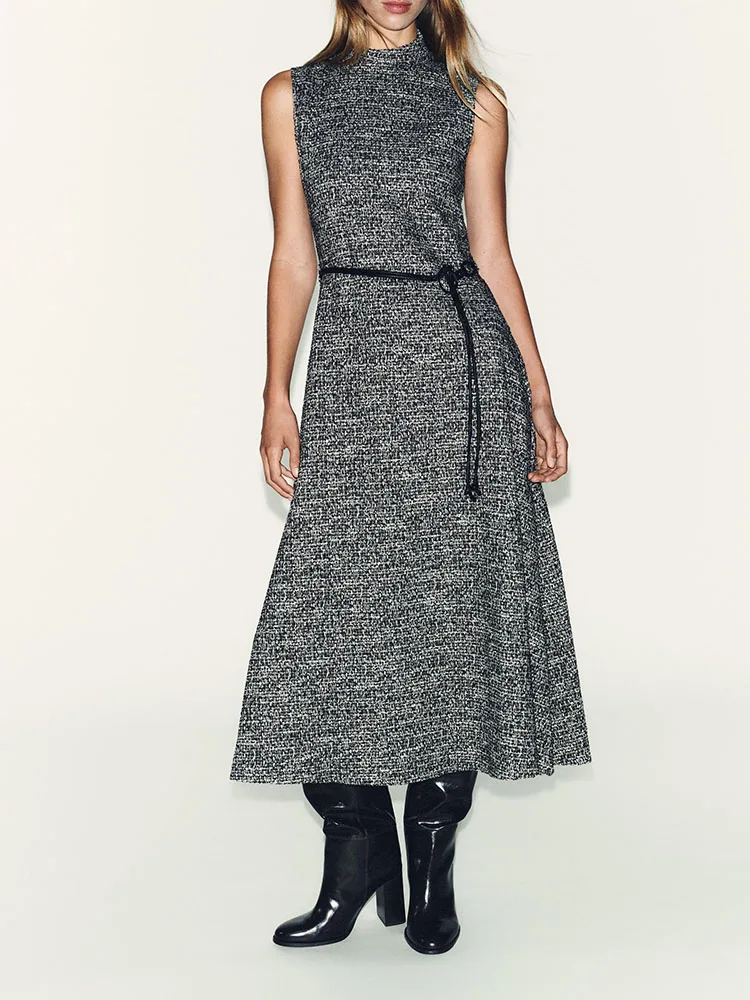 ファイオナブル-スヴェル-ミディ-ドレス-ベルト付き-ハイカラー-テクスチャ-新作-冬-2025-レディースウェア-エレガント-無地-ガウン