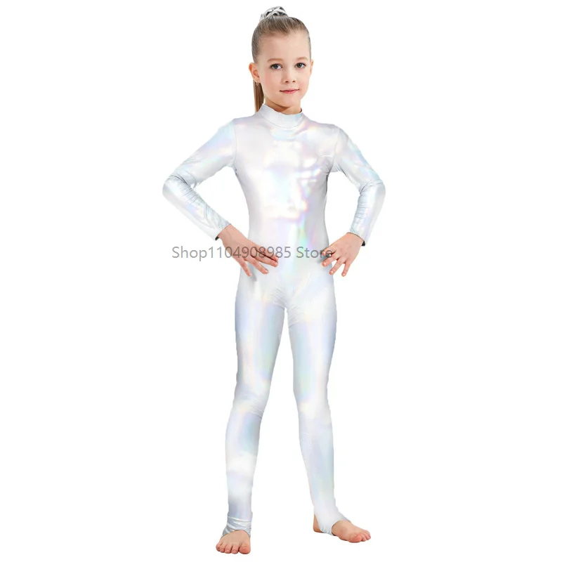 Shiny Acrobatic Jumpsuit Girls Metallic Unitards Dance Wear Gymnastics Leotards Dancewear Stage Show Suit Halloween Costume view 2