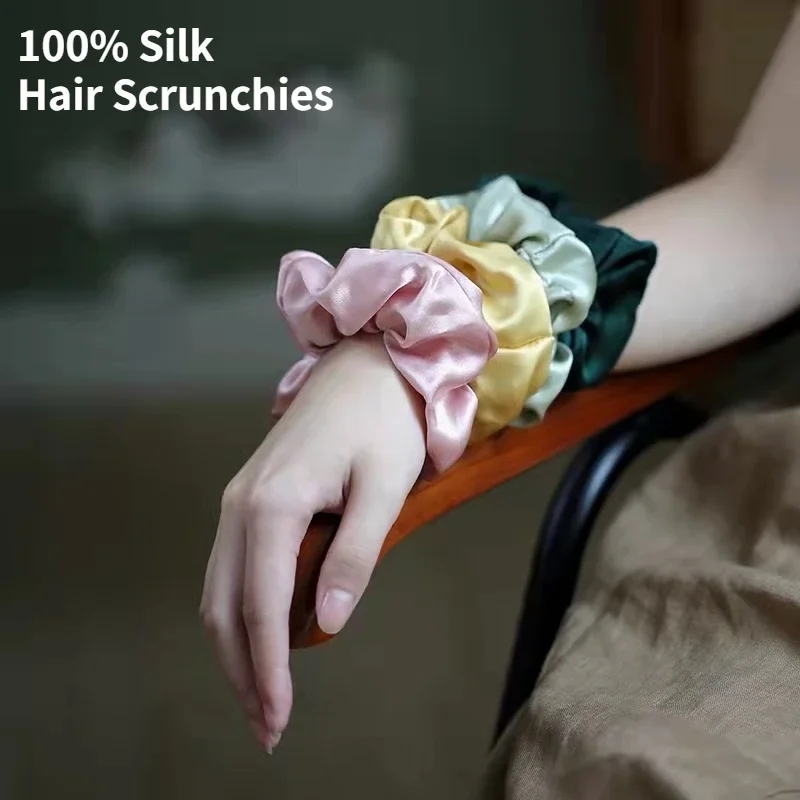 Korean 100 Mulberry Silk Scrunchies Large Hair Tie Pure Silk Tie Luxury Ponytail Holders For Women Girls Elastic Hair Band Loop