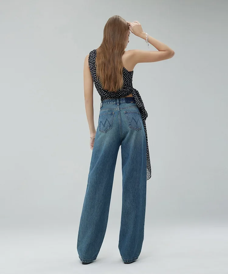 Mulheres denim calças de perna larga jeans cintura alta lavado angustiado vintage até o chão bolsos streetwear calças retas 2025