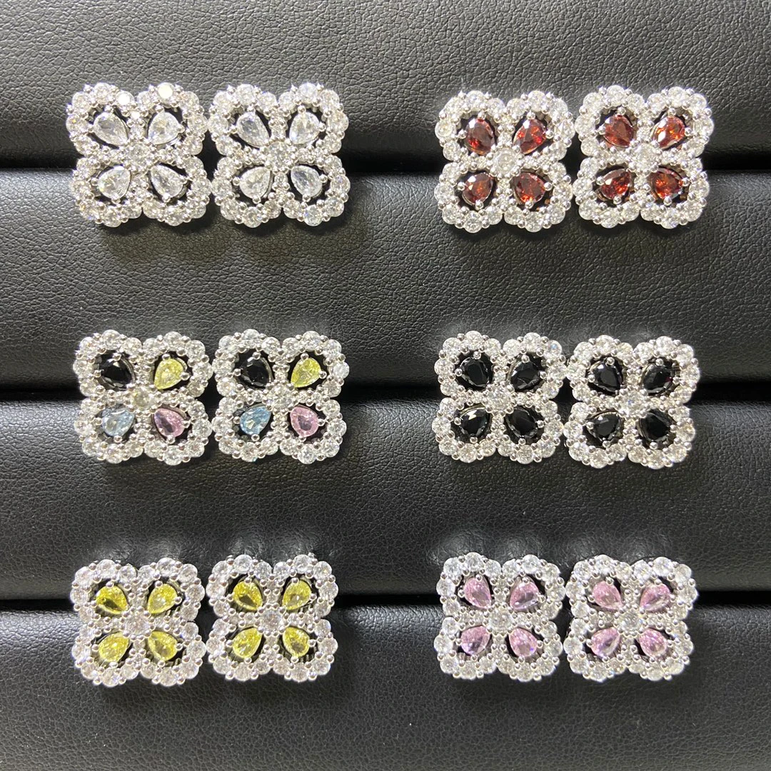 Classic Boutique 925 Silver Women's Earrings, Full Diamond Flower Design with Multiple Color Options, Holiday Gift
