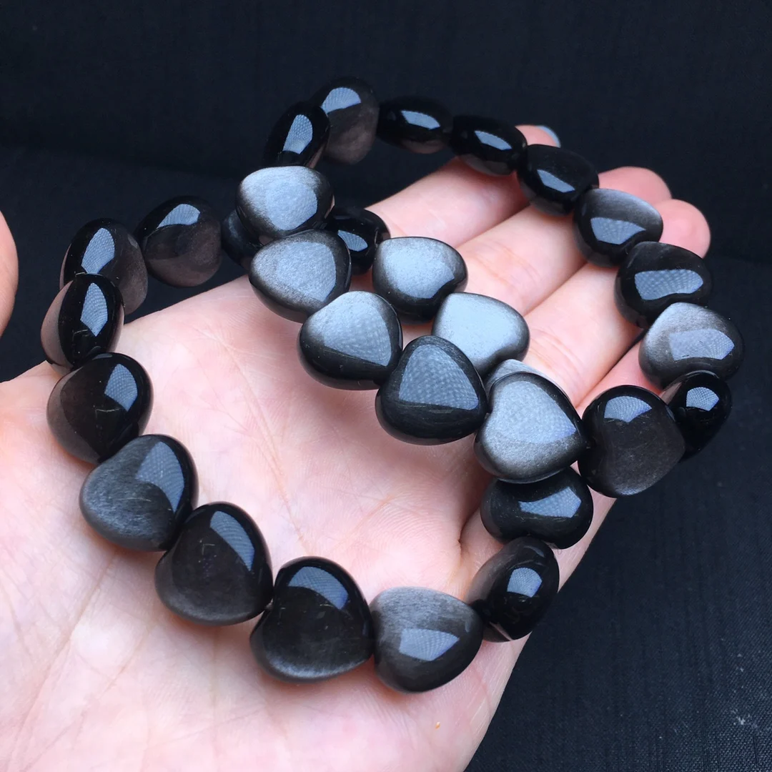 1 Pc Natural Silver Obsidian Heart Bracelet 14MM Heart Beads Reiki Healing Stone Jewelry Gift For Women Men