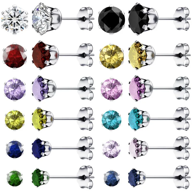 24Pcs 20G Hypoallergenic Stud Earrings for Women Men, Stainless Steel Flatback Earrings Colorful Cubic Zirconia Earring Piercing