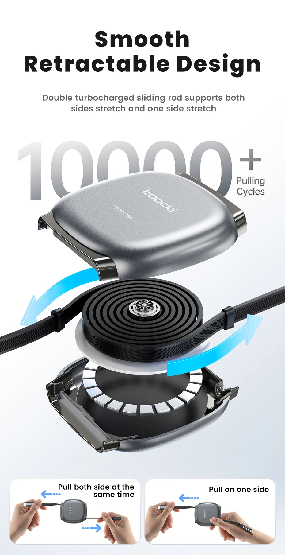 Toocki 5/10 Stück 100W Einziehbares USB-C-Kabel TPE Flach Automatisch Aufrollbar Einstellbares Schnellladekabel Typ C zu C für iPhone Samsung – Detail 7