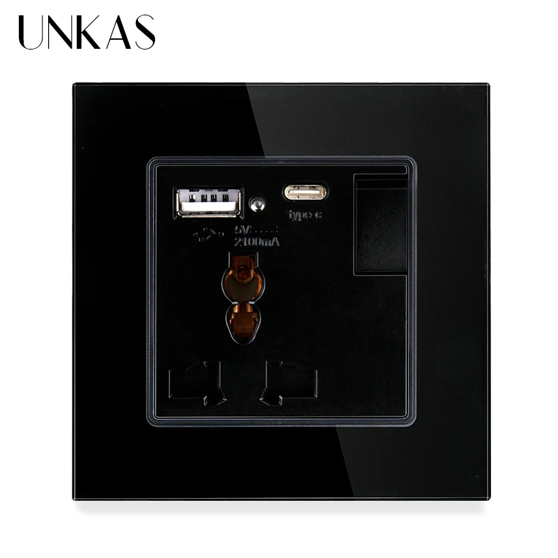 UNKAS 3 Hole Universal Socket Switched With Type C USB Charge Port For Mobile Output 5V 2.1A socket with switch