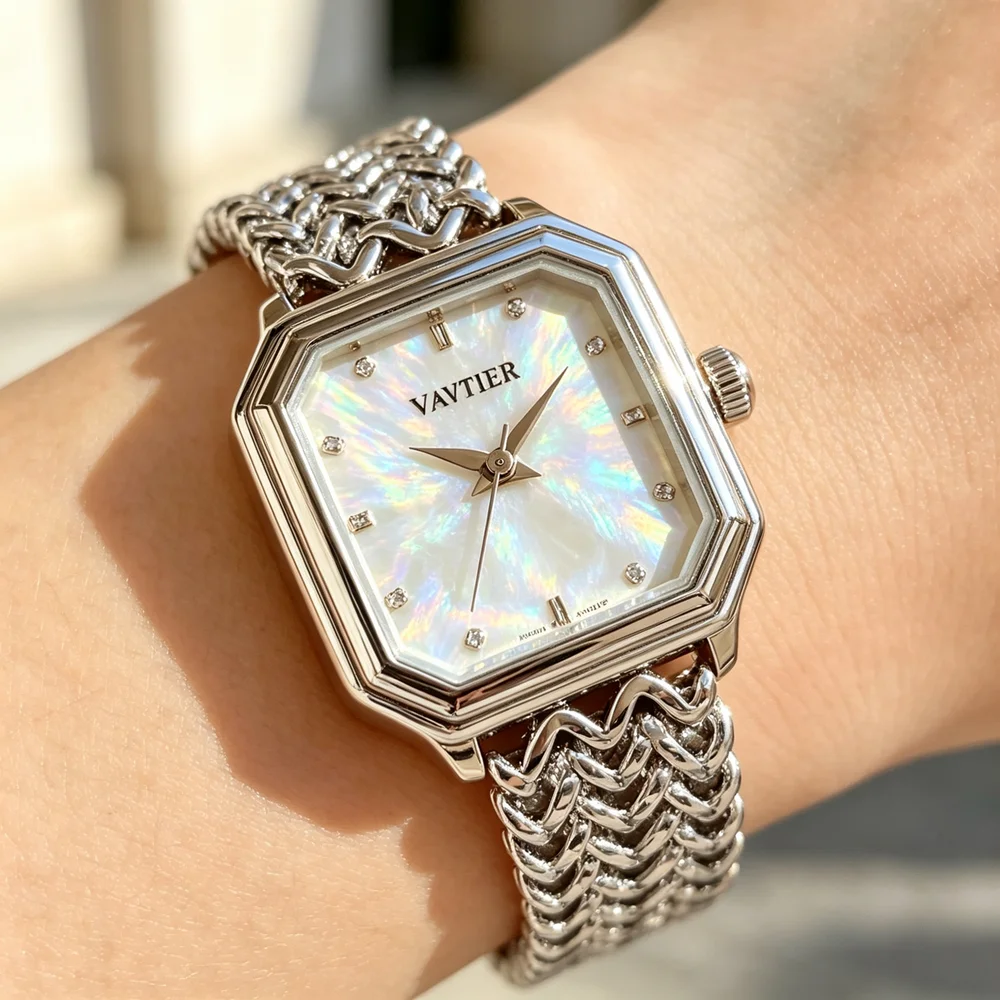 Luxury Ladies Octagonal Quartz Watch Shell Dial Wavy Mesh Steel Strap Vintage Waterproof Dress Wristwatch for Daily Party