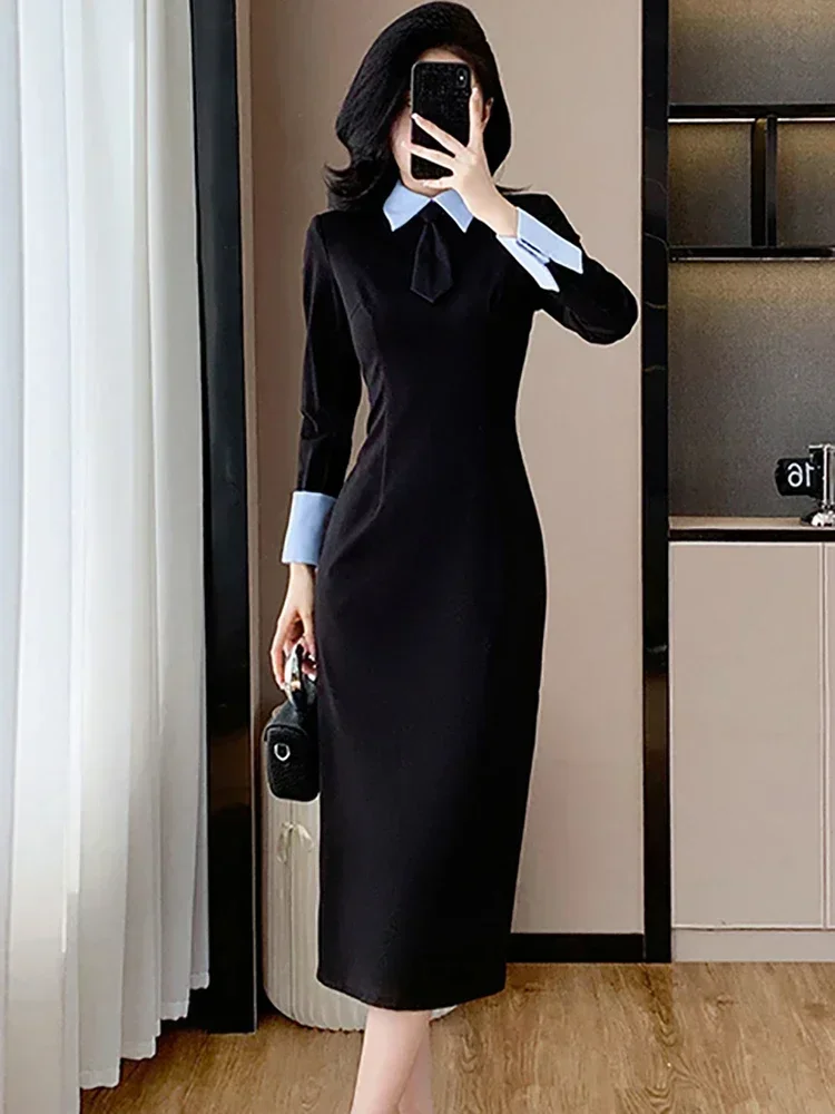 2025 elegante bodycon vestido de noite outono inverno preto retalhos gola polo camisa vestido feminino coreano vintage hepburn vestido de baile