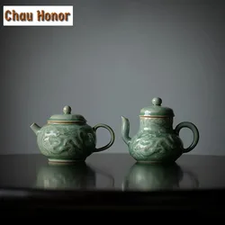 Boutique Yue Kiln Celadon Ceramic Teapot Relief Dragon And Phoenix Art Single Pot With Filter Household Kung Fu Tea Maker Tools