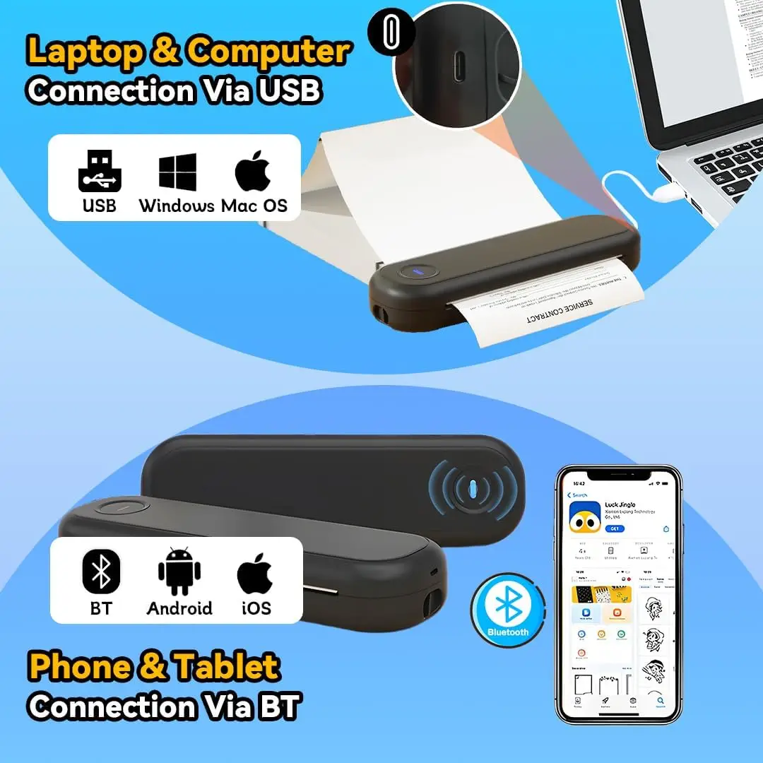 L86 Portable Wireless Bluetooth Thermal Printer 203dpi Supports A4/A5 US Letter & Legal Compatible with iOS Android Laptop & PC