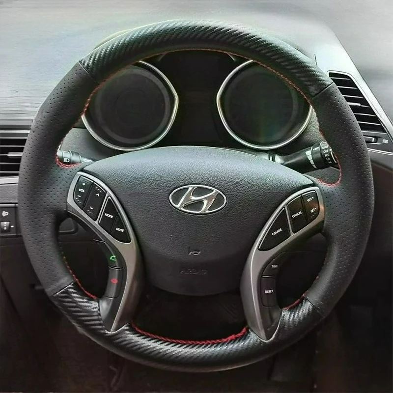 Hand-stitched renovation wear-resistant Non-slip carbon fiber black leather steering wheel cover For Hyundai Langdong 2012-2016