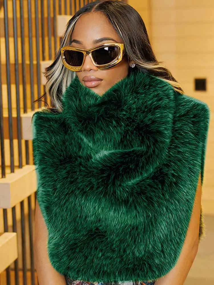 

BKQU Winter Faux Fox Fur Women Tank Tops Chic Turtleneck Warm Fashion Plush Coats Midnight Hipster Y2k Fluffy Vest Jacket 2025