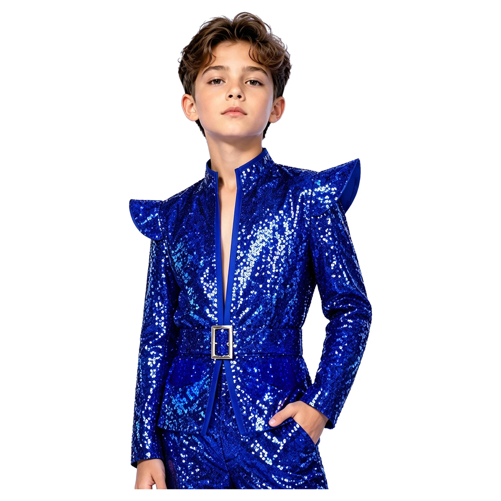 Kids Boys Glittery Sequin Dance Jazz Tango Cha-cha Jacket Disco Coat Long Sleeve Shoulder Pad Stand Collar Blazer Coat with Belt