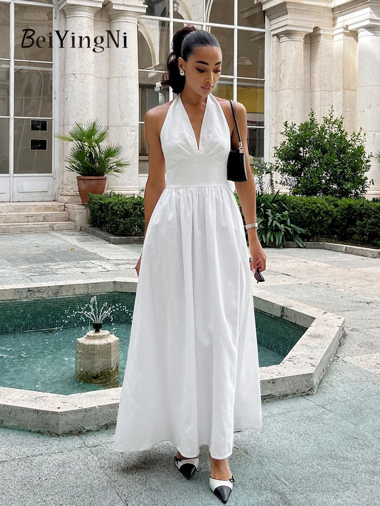 

Beiyingni Long Cotton A-line High Waist Maxi Dresses Women Backless Bandage Large Hem A-line Dress Woman Elegant Sexy Vestidos