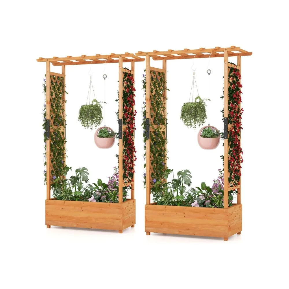 72-Inch Raised Garden Bed with Arch Trellis, Hanging Roof & Drainage Holes, Vertical Plant Container for Vine Climbing