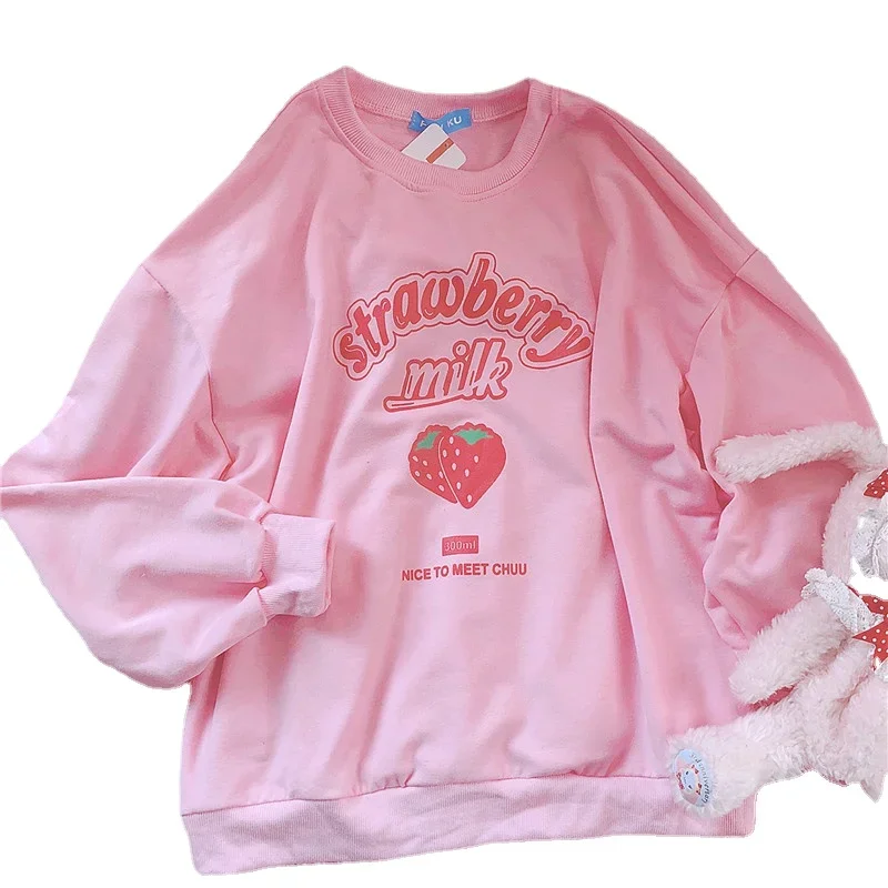 

2025 Harajuku Kawaii Sweatshirt Strawberry Pink Sweatshirts Spring Kpop Korean Style Fleece Women Cute Top Outwear for Girls