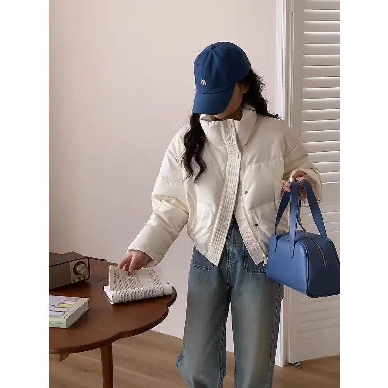 Manteau ample épais coupe-vent court col montant veste décontractée pour les femmes hiver en cuir PU sans lavage vers le bas coton