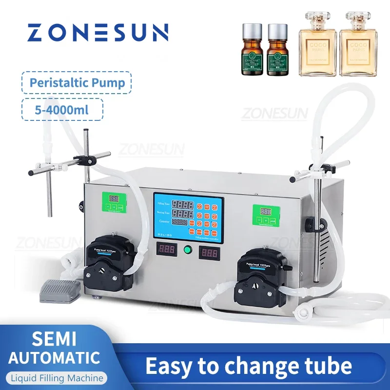 

ZONESUN Filling Machine 2 Nozzles Liquid 4L Cosmetics Gel Perfume Automatic Beverage Water Filler Peristaltic Pump