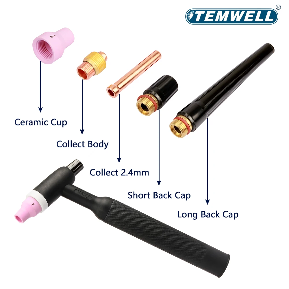 TEMWELL 5pcs Arc welding gun accessories WP-12 water cooled gun head long tail cap short pressure cap argon arc welding