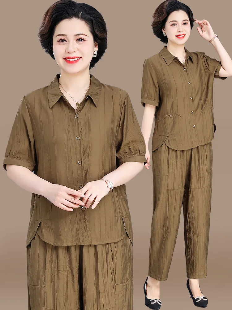 

Casual Cotton Linen Set for Middle-Aged Mothers Summer ort Sve irt Loose Fit Faionable Korean Sle Two-Piece Suit