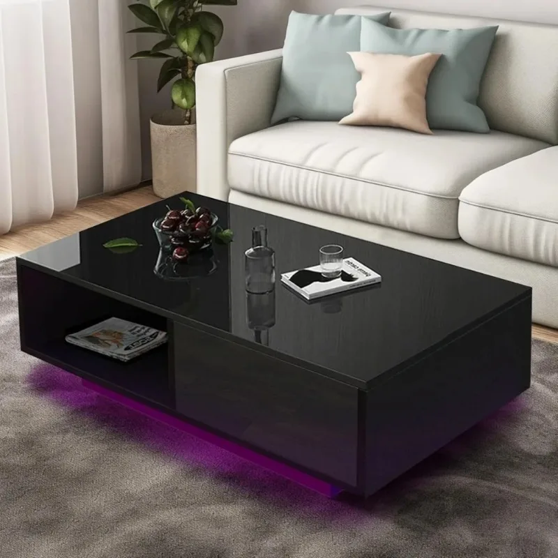 Black Coffee Tables for Living Room with 16 Colors LED Lights Modern Coffee Table with Storage Drawer Rectangle Table