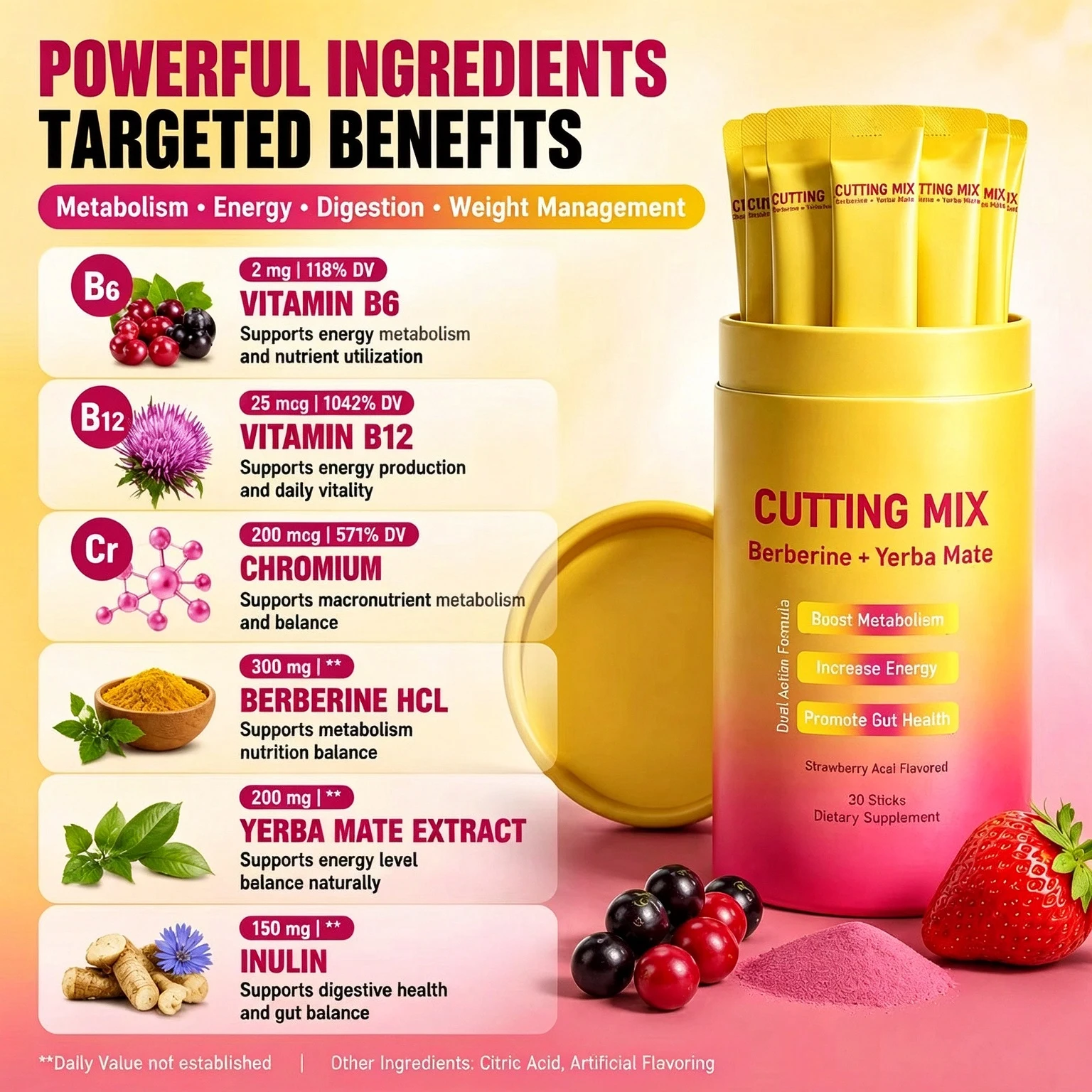 Berberine Yerba Mate Extract Powder Boost Metabolism Energy Support Gut Health Weight Management Dietary Supplement 30 Sticks