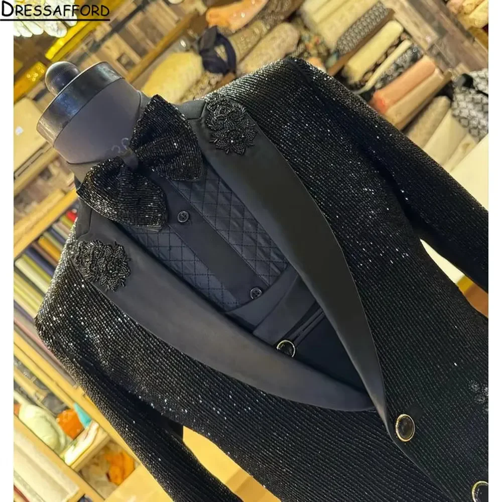 Black Luxurious Beaded Diamonds 2 Piece Jacket Pants Men Suits Formal Blazer Prom Wedding Groom