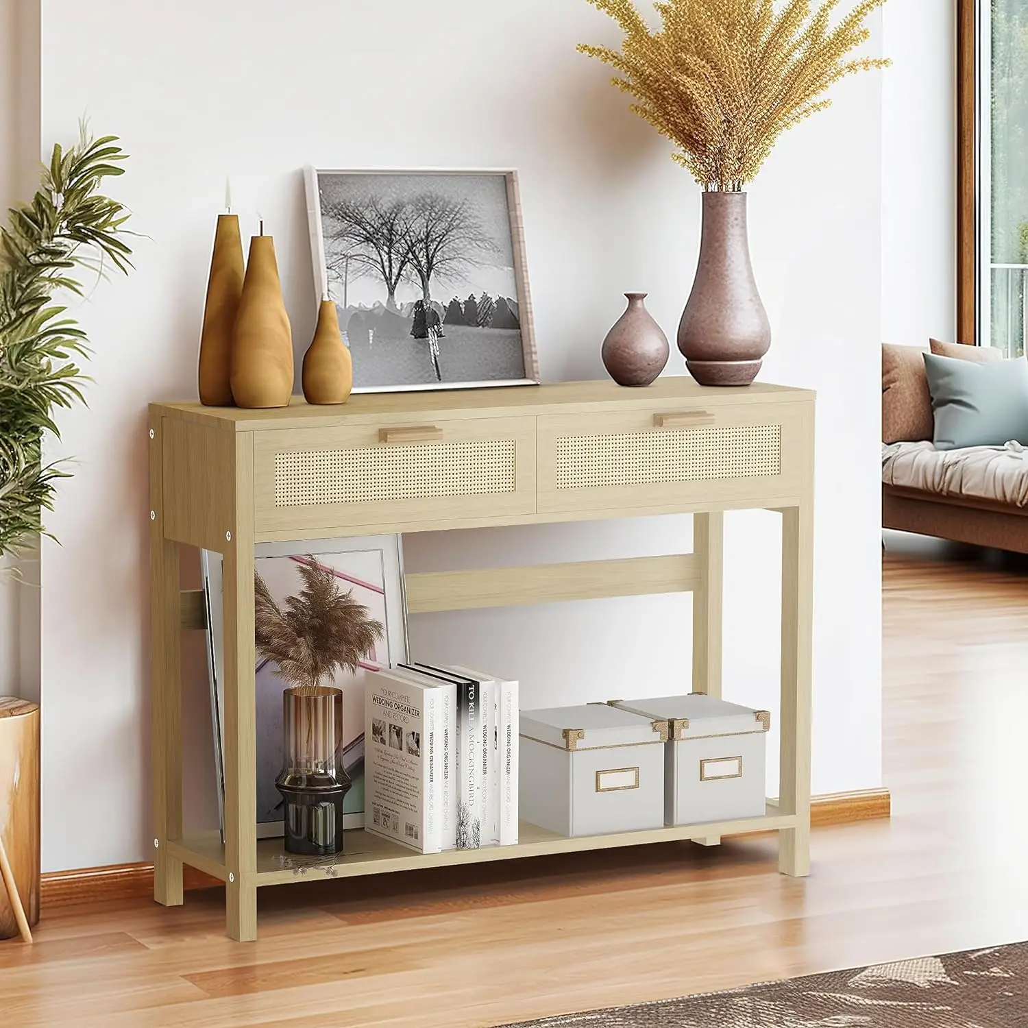 

Comfort Corner Rattan Console Table,Long Entryway Table with 2 Drawer,Sofa Table with Open Shelf, Hallway Table for Living Room