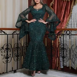 Sexy Women Party Dress Sheath Empire Lace Floor-Length Dark Green Sprinkle Gold with Long Sleeves Maxi Dresses  Lugentolo