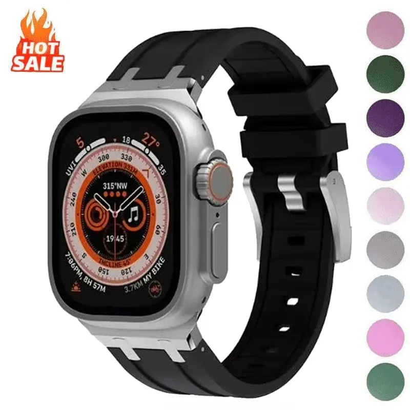 Titanium Color Metal Head Silicone Band for Apple Watch Ultra 2 49mm 45/44/42mm Rubber Strap for Iwatch Series 9 8 7 6 5 4 Se 3