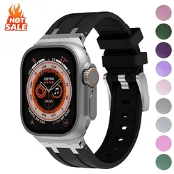 Cinturino in Silicone con testa in metallo Color titanio per Apple Watch Ultra 2 49mm 45/44/42mm cinturino in gomma per Iwatch Series 9 8 7 6 5 4 Se 3