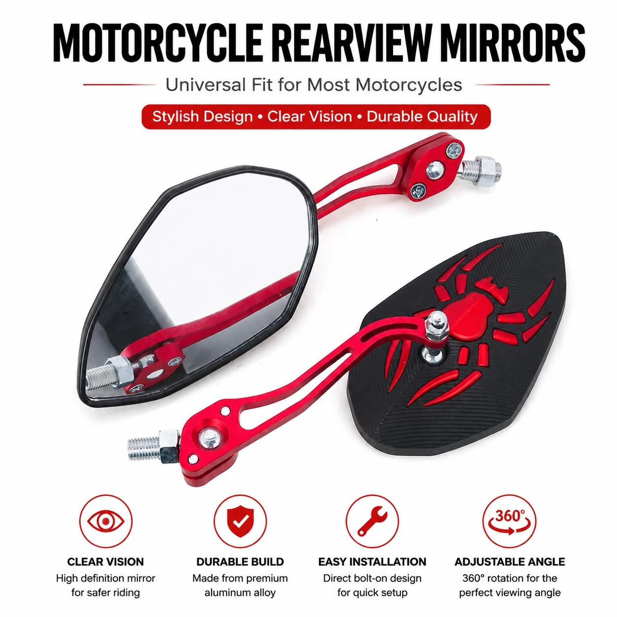 Universal Motorcycle Rearview Mirror CNC Spider Pattern Side Mirror 8mm 10mm Screw Rear View Mirror For Scooter ATV Street Bike