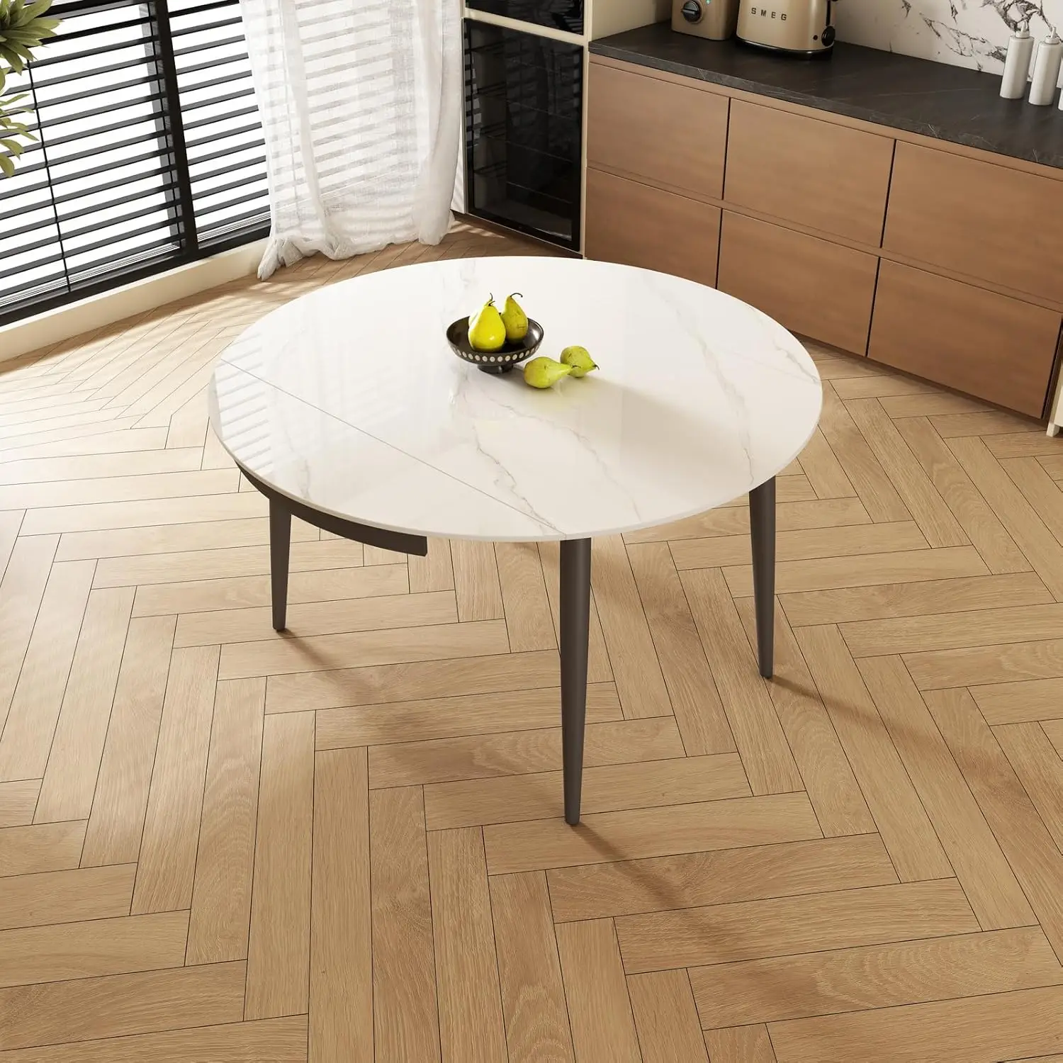 

51,2 дюйма выдвижной круглый обеденный стол из белого спеченного камня, подходит для 4-6 человек, современный круглый обеденный стол, подходит для R