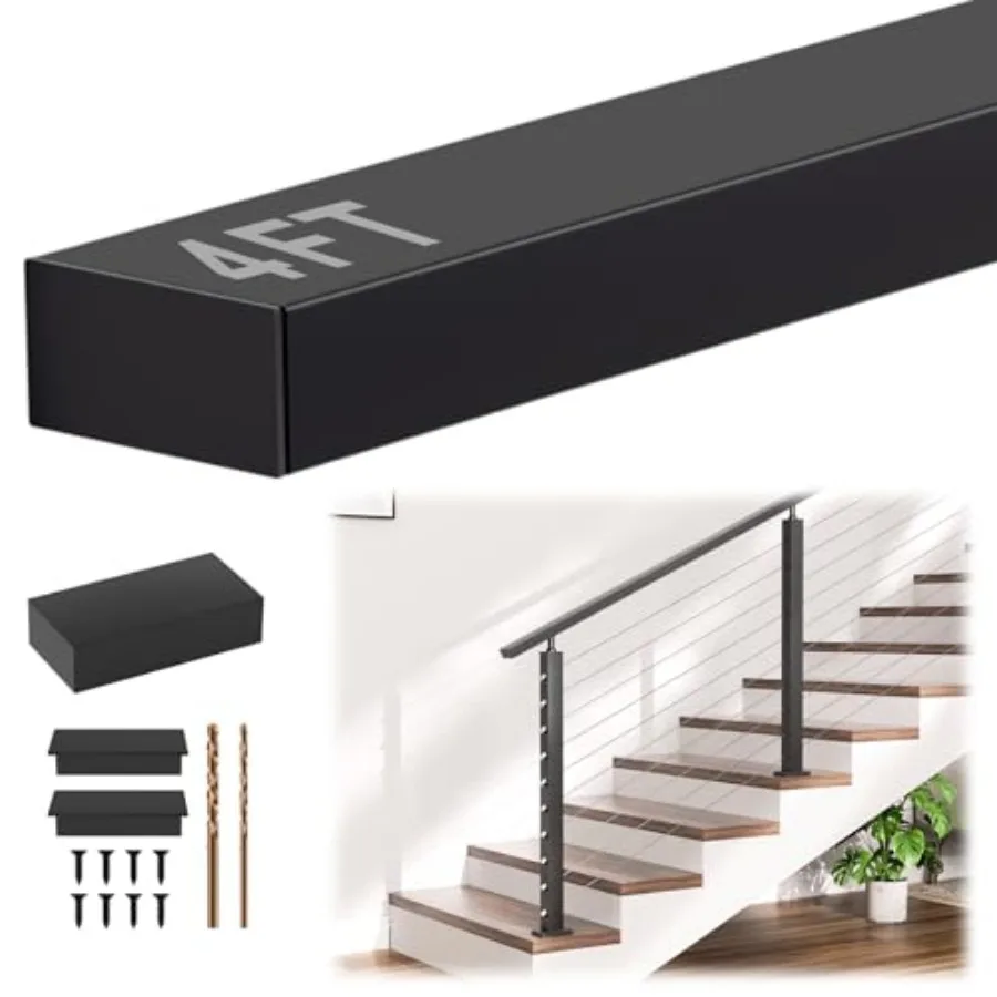 

4Feet Stainless Steel 304 Handrail Black, Rectangular Handrail Flat Top Rail with SS304 End Cap and POM Connecting Blocks for I