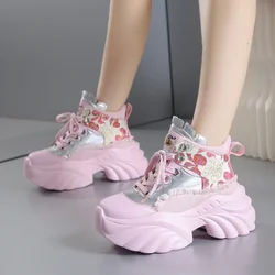 New Women Casual Platform Sneakers 8.5CM High Heels Autumn Sports Leather Shoes Breathable Trainers Chunky Zapatos Mujer