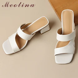 Meotina Women Genuine Leather Slides Square Toe Thick Mid Heels Sandals Sheepskin Slippers Ladies Fashion Shoes Summer Apricot