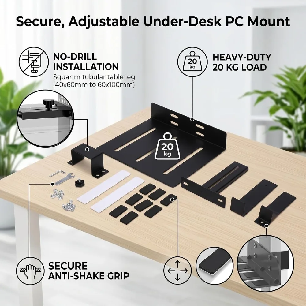 Adjustable Under Desk PC Mount Suit Square Tube Legs Non-Slip Pads Heavy Duty CPU Bracket Silicone Pads Clamp-On PC Holder