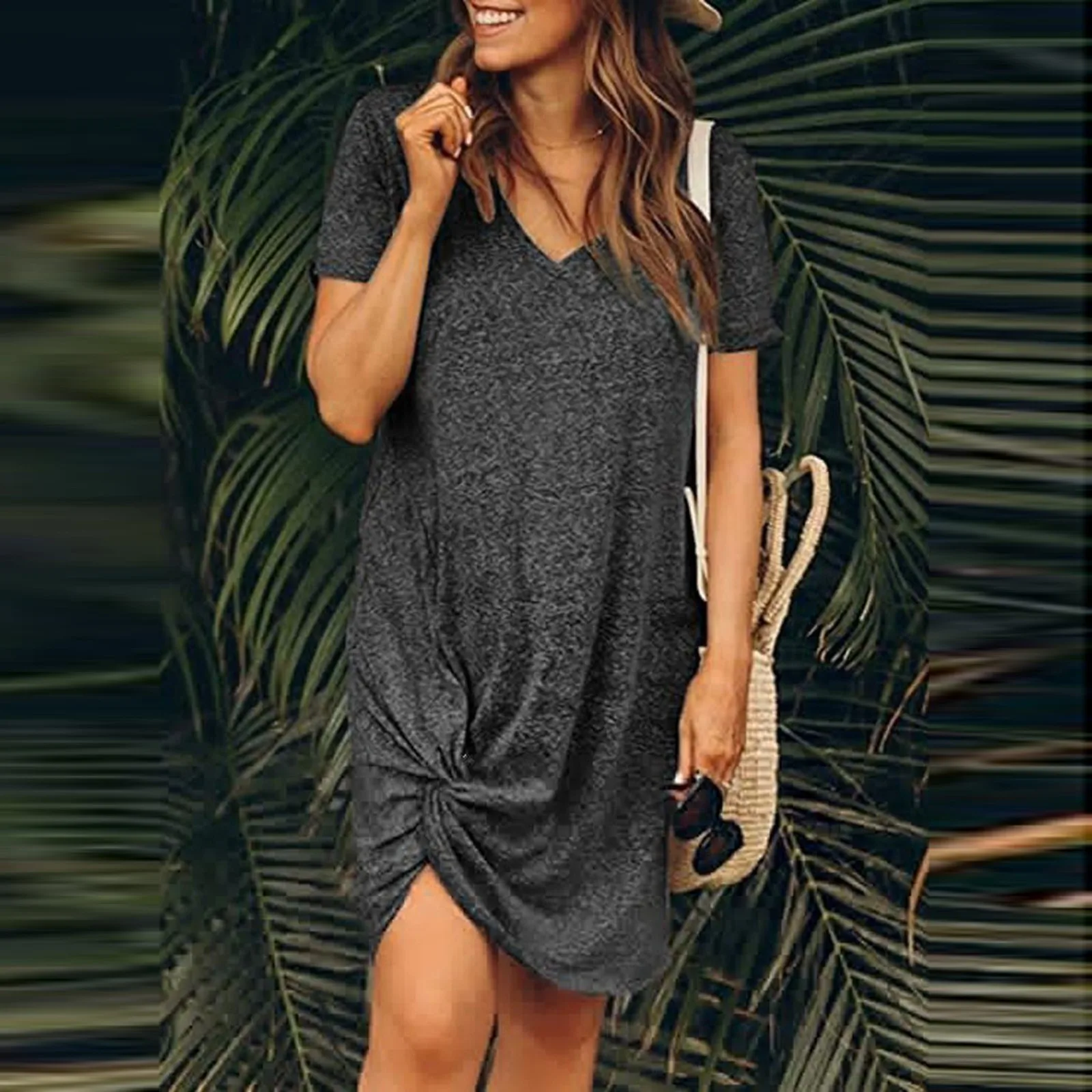 Knot Short Sleeve V-Neck Solid Beach Dress Women Summer Casual Mini T-shirt Dresses Loose Basic Straight Y2K Clothes