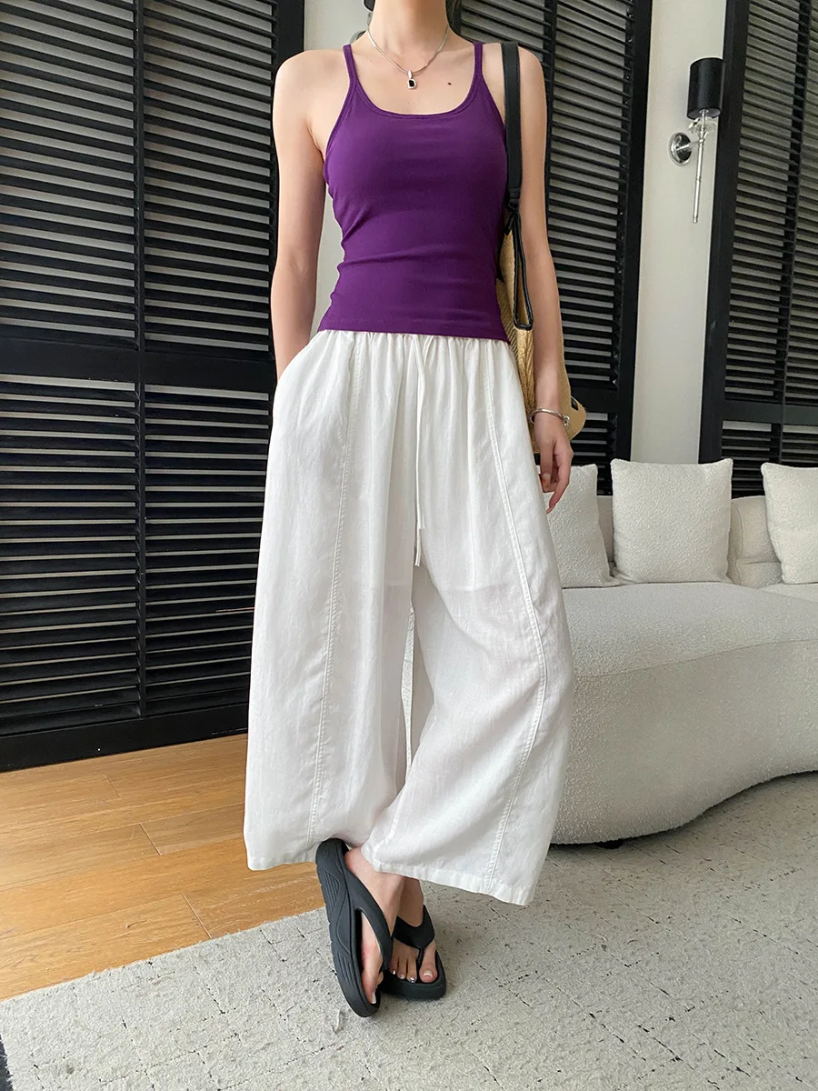 Sommerliche High-Waist-Hose mit weitem Bein für Damen, lässige, einfarbige, locker sitzende Hose – Detail 13